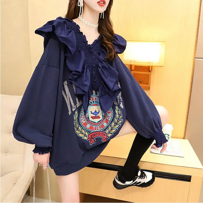 

Женская универсальная свободная суперпожарная куртка, пуловеры для снижения возраста, осенняя двусторонняя толстовка с длинными рукавами и v-образным вырезом с буквенным принтом