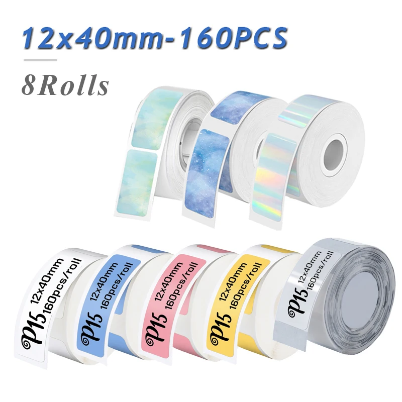 8Rolls P15 Paper Holographic Laser 12*40mm Label Sticker Compatible Marklife P12 D30 Q30S D35 D32 Label Maker