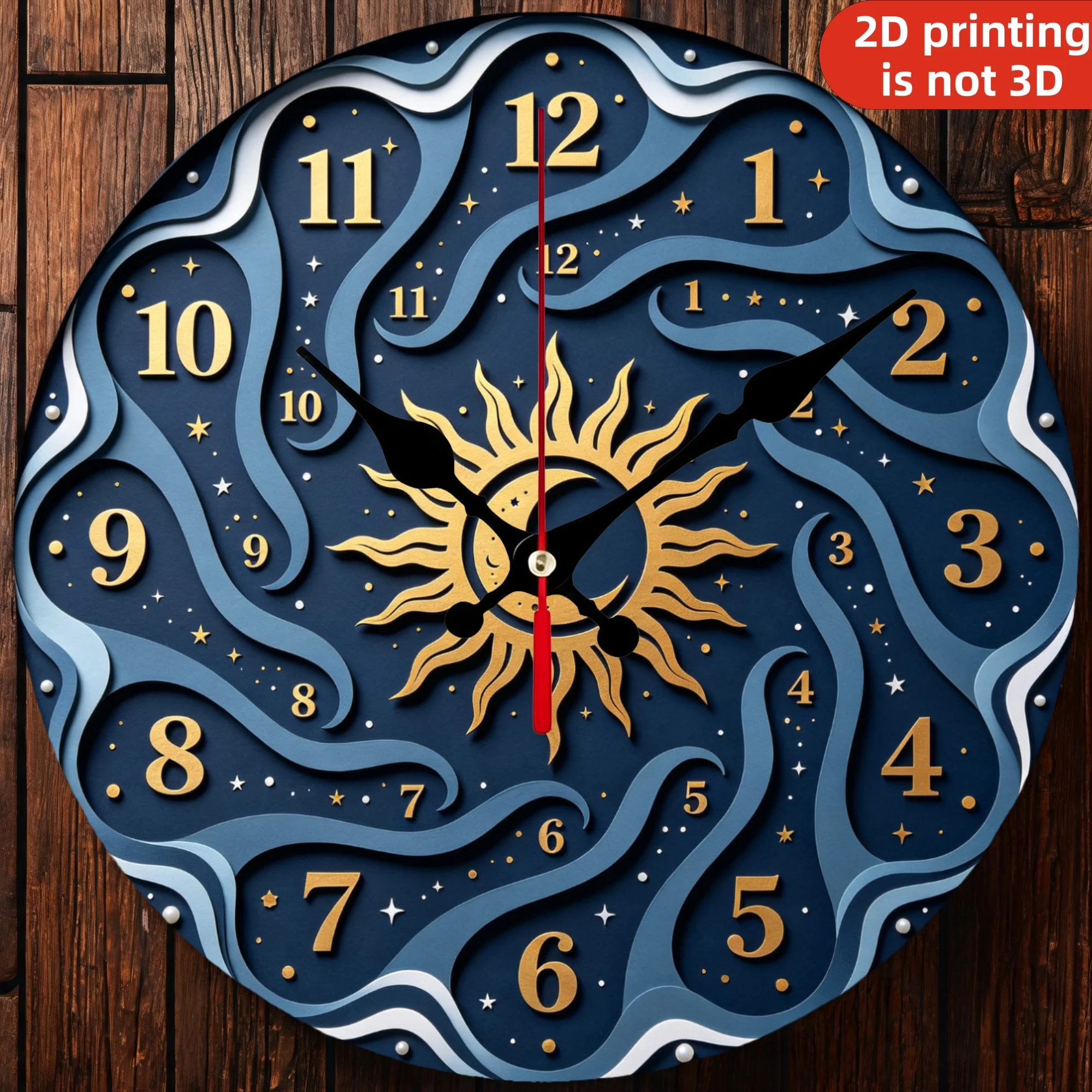 Celestial Sun Moon Swirl Wooden Wall Clock, 10/12 Inch Round Wood Clock, Silent Non Ticking Quartz Movement, Layered Papercut Night Sky Printed Home Decor