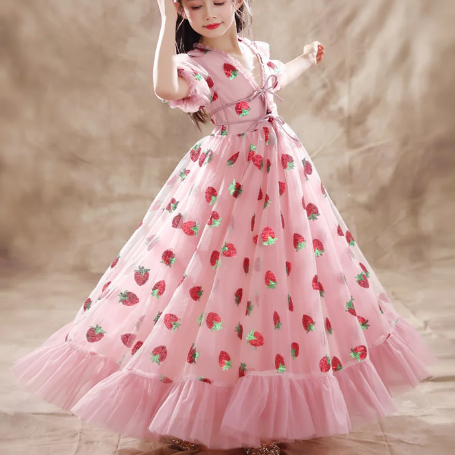 baby Girls Birthday Party Kids Strawberry sequined Printed Summer v-neck puff sleeve mesh ball gown long dress