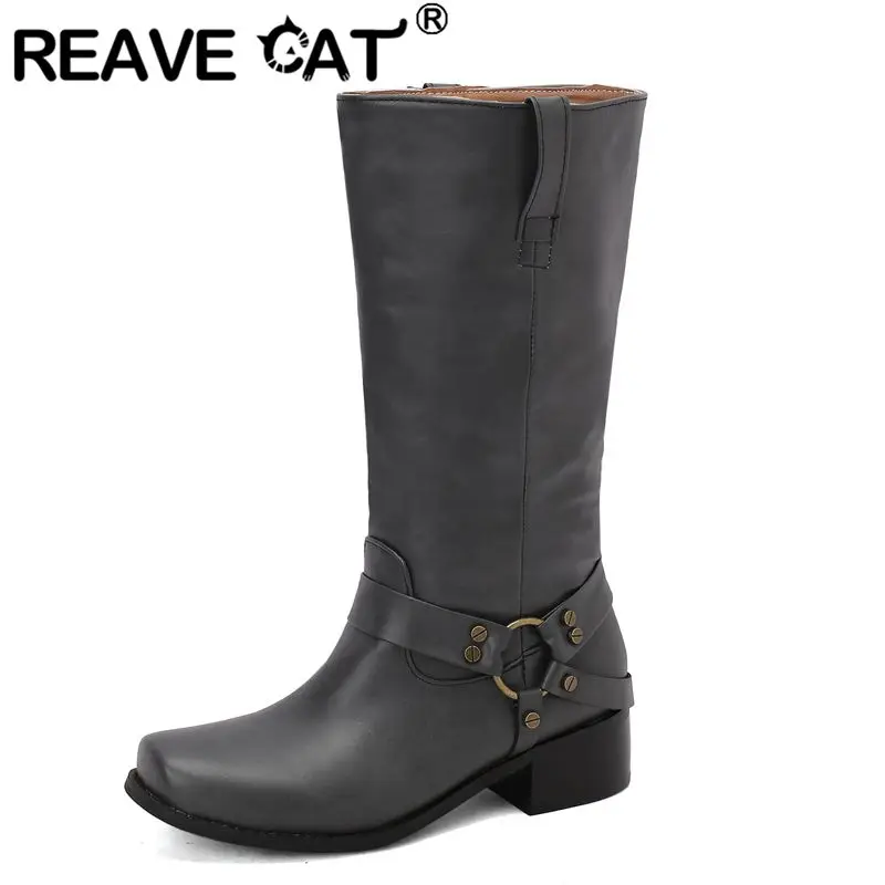 

REAVE CAT Cowboy Western Boots for Female Square Toe Block Heels 4.5cm Slip On Metal Decoration Large Size 46 47 48 Casual Bota