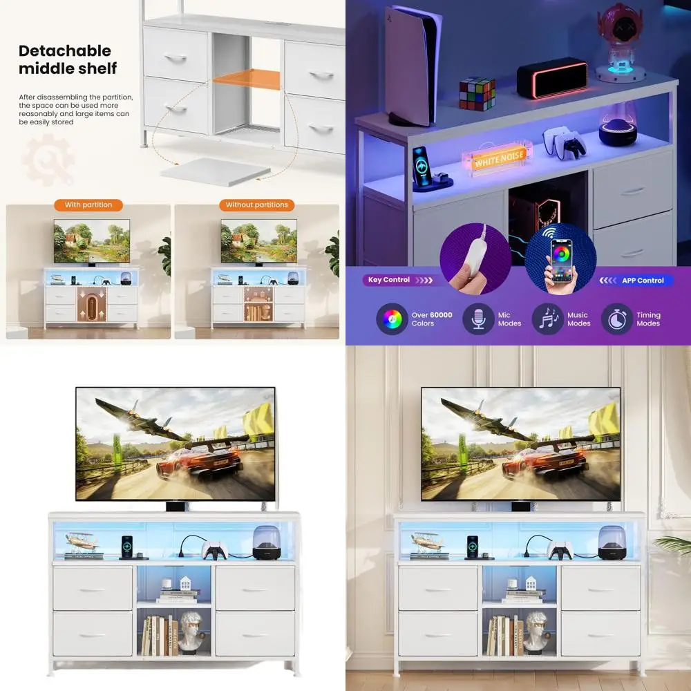 

Подставка под телевизор Комод для спальни с 4 ящиками Развлекательный центр со светодиодной подсветкой и розетками Медиаконсоль для 50-дюймового телевизора Livin