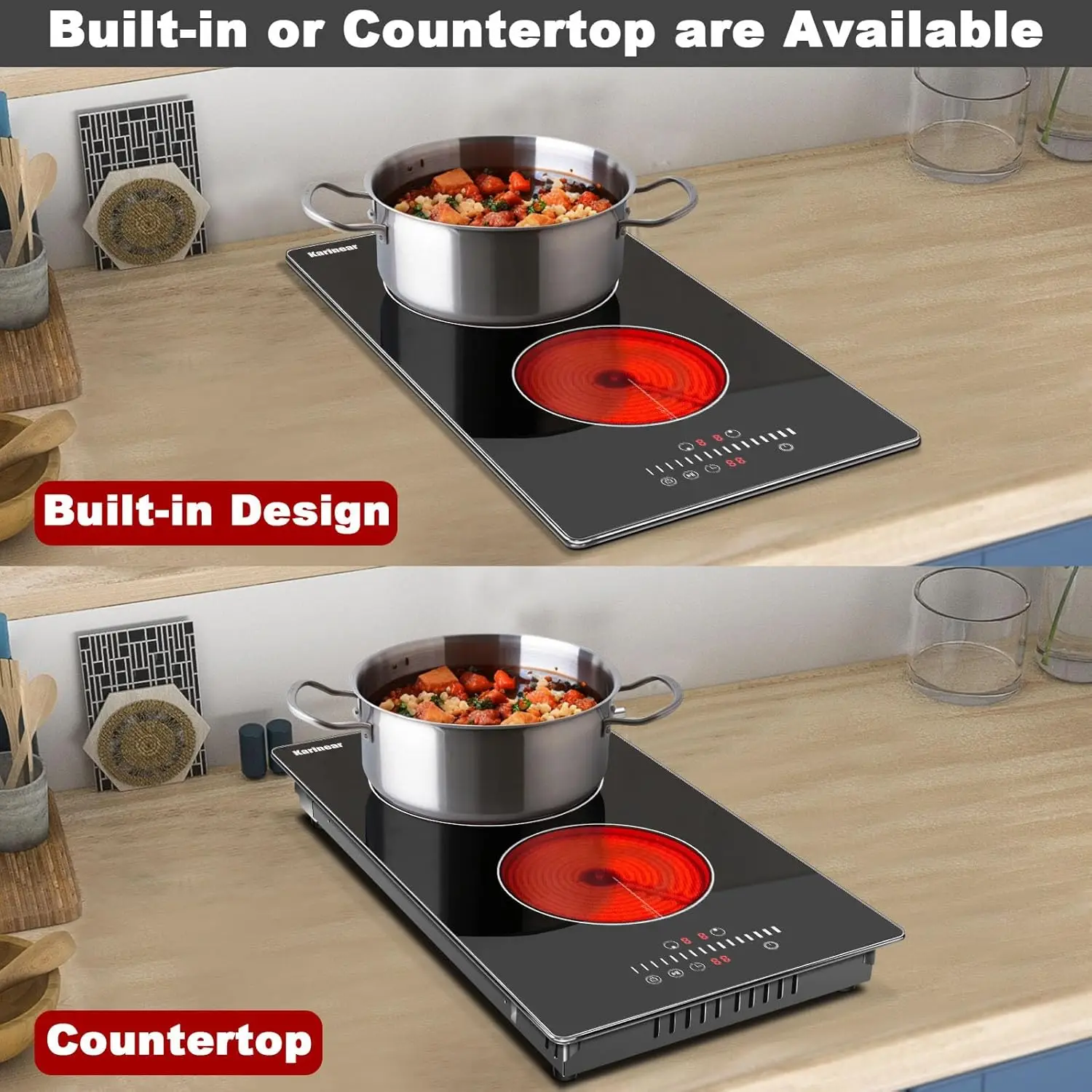 Karinear 12 Inch 2 Burners Electric Cooktop, Countertop & Built-in, Metal Protected Frame, Sliding Control, Hard Wired, No Plug