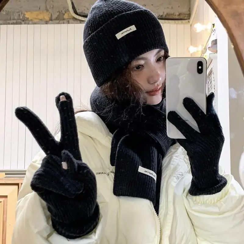 

Knitted Winter Scarf Woman Solid Color Hat Scarf Gloves Women's Windproof Adult Three-piece Set Fashion Women's Scarf Hat Set