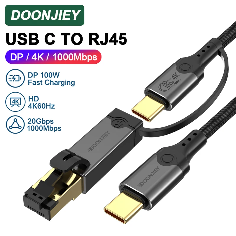 DOONJIEY USB3.2 Fully Functional Cable 4K 20Gbps 100W Charge USB C to Ethernet Adapter 1000Mbps Network Card For MacBook Laptop