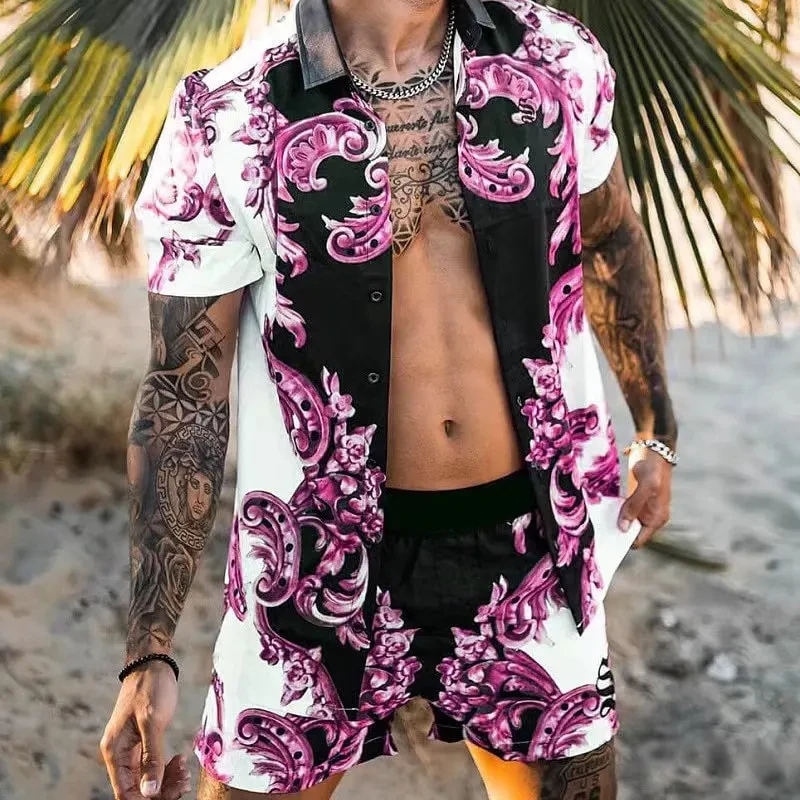 2024 Vintage Men Shirts Sets Summer Golden Horse Print Beach Short Sleeve Shirt Shorts Casual  Trip Mens Hawaiian 2 Piece Suit