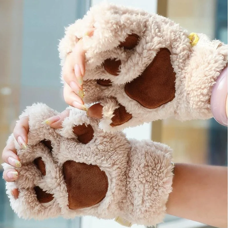 Soft Warm Plush Cat paw Gloves Fingerless Flip Half Finger Mittens Women Winter Cute Cat Paw Fluffy Velvet  Glove Girls Students