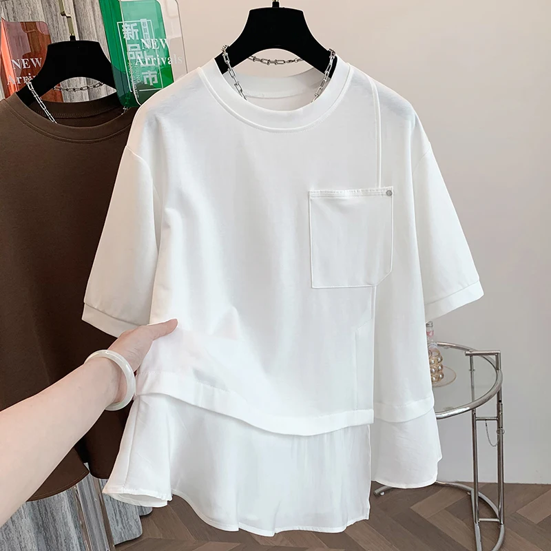 

Summer New plus Size T-irt Korean Design Faion Splicing Belly Covering ort Sve Cotton Blend Loose Fit round Ne