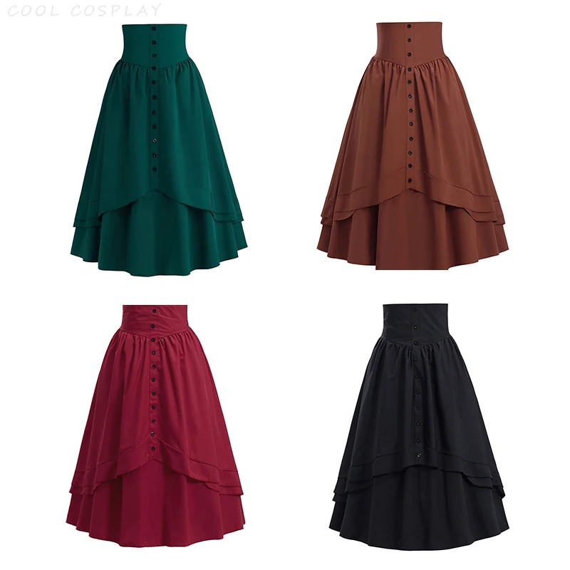 Women Vintage Maxi Skirt Medieval Retro High Waist A Line Steampunk Gothic Ruffled Hem Pleated Party Skirts Victorian Long Skirt