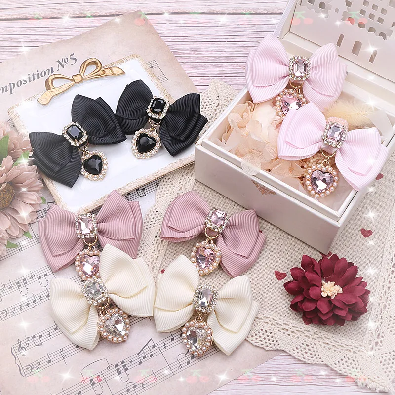 

Handmade Japanese Sweet and Cute Lolita Rhinestone Love Pendant Practical Small Hairpin Hair Accessories Edge Clip Pair Lo Niang
