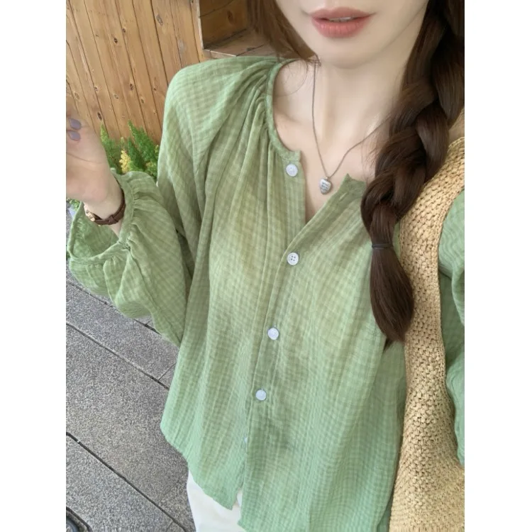 Loose Women's Plaid Shirt Summer 2026 New Long Sleeve Bubble Sleeve Top Breathable Comfortable Cool Feeling Lightweight Casua...