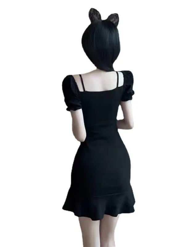 Черное платье на подтяжках, женское лето 202, сексуальное, на одно плечо, рыбий хвост, элегантное, высокого уровня, с запахом на груди, на бретельках, мягкая бретелька EOHB