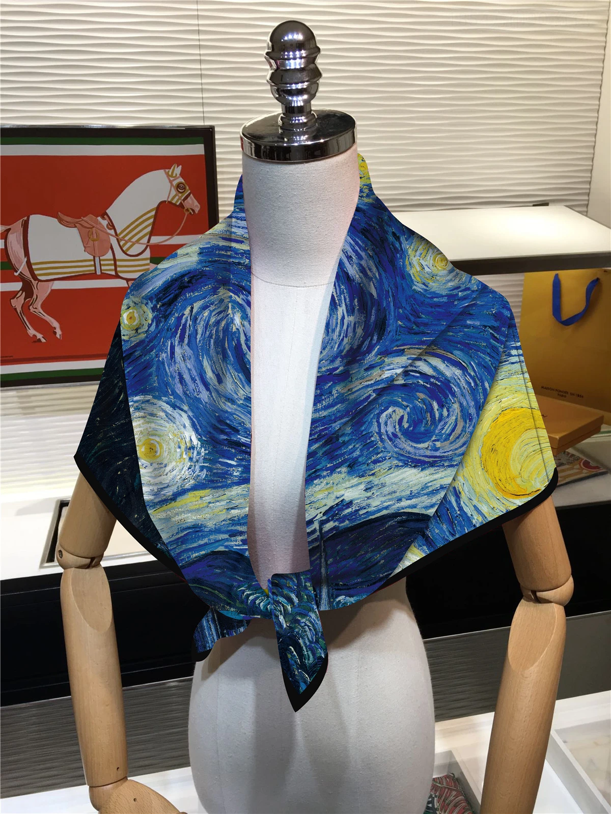 90cm Starry Sky Twill Silk Scarf Fashion Shawl Brand Square Scarf Women Hijab Bandana Foulard Head Scarves Van Gogh Oil Painting