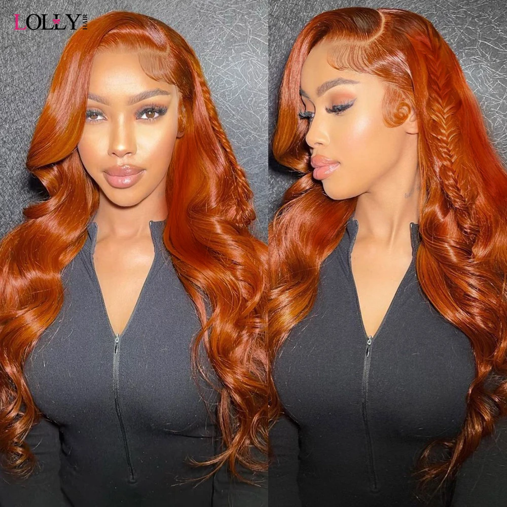 Ginger Body Wave Bundles Human Hair With Frontal 30 Inch Orange Colored Remy Hair Extensions With Lace Frontal 13x4 Transparent