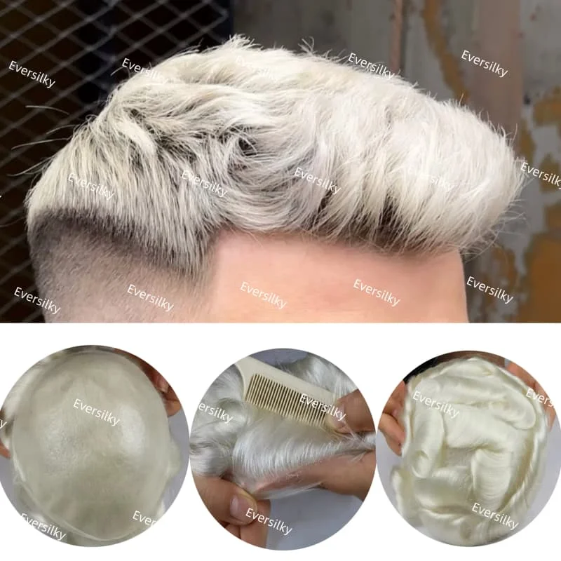 100% европейские человеческие мужские 60RY белые волосы протез парик 0,02-0,03 мм полный мужской парик из искусственной кожи система замены капиллярного протеза