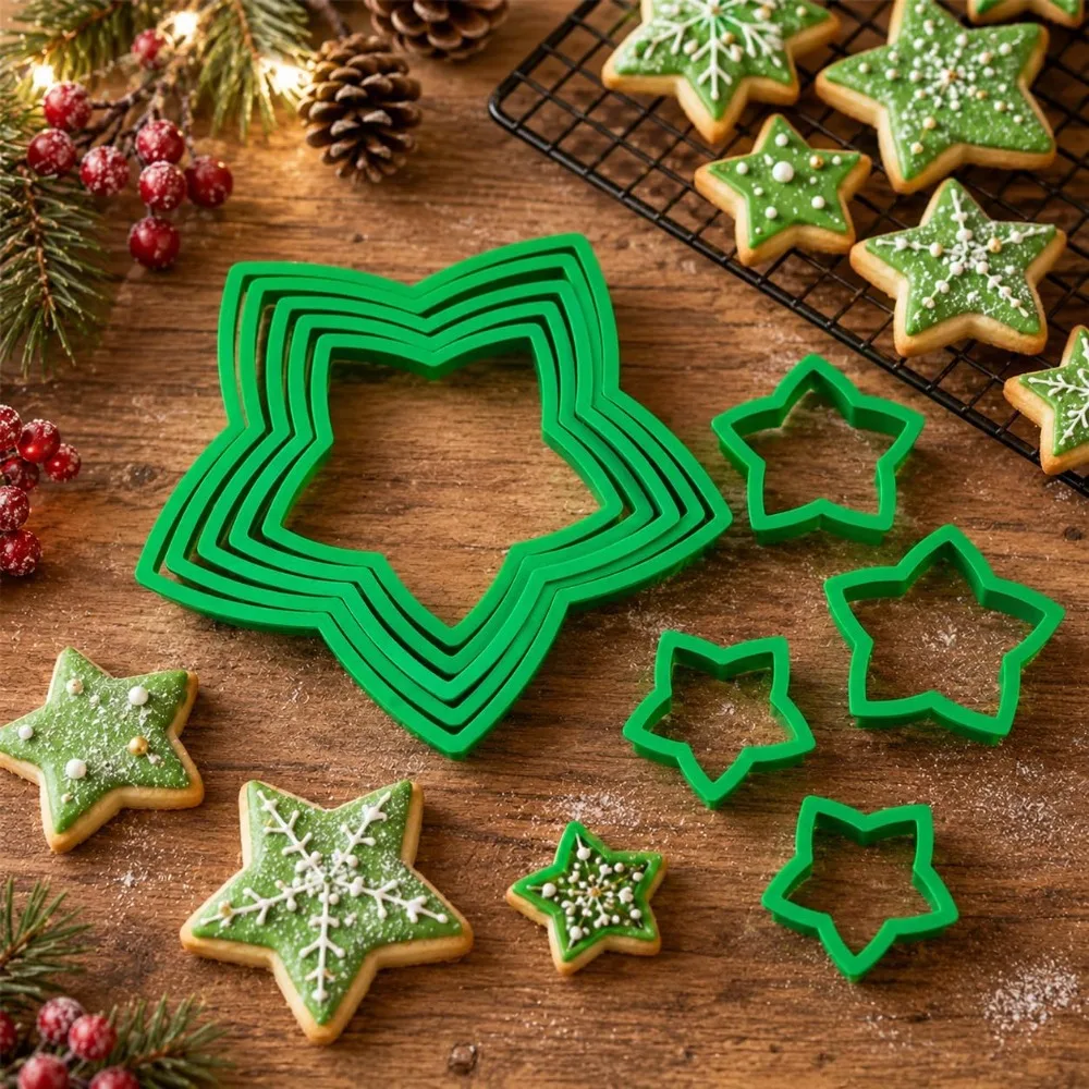 10 Piece Five-pointed Star Shaped Christmas Star Tree Cookie Cutters Plastic Resilient Fondant Biscuit Mold Green DIY