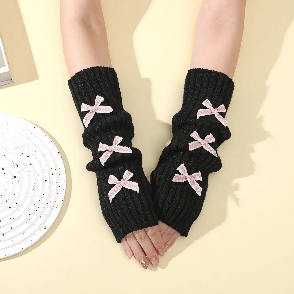 Y2K Thicken Bow Arm Warmers Soft Knitted Bowknot Y2K Fingerless Gloves Sweet Long Knit Sleeve Cover Autumn