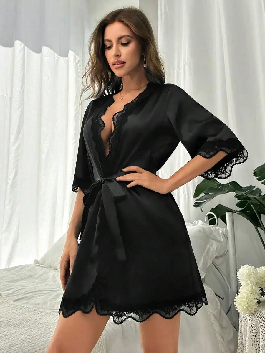 

Womens Black Satin Lace Trim Robe With V-Neck And Waist Tie Sleepwear