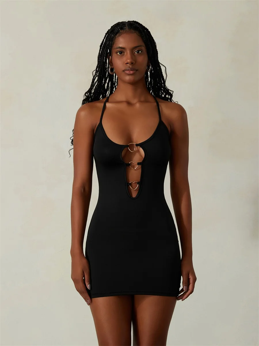 Nova moda feminina vestido de alça espaguete cor sólida coração anel de metal recorte elegante sem mangas sem costas bodycon vestido s m l