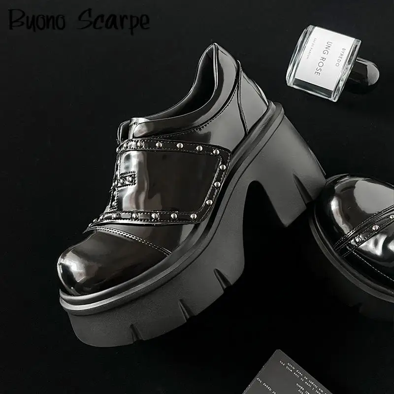 

2025 г., женские туфли-лодочки из натуральной кожи с заклепками и крючками, круглым носком, толстой подошвой и платформой, на массивном каблуке, новая модная обувь в стиле вестерн