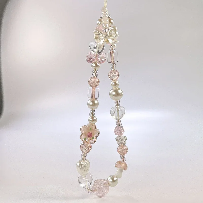

Cute Glass Bowknot Flower Bead Phone Strap Charm Chain Knot Cellphone Lanyard Keychain Girl Bag Camera Pendant for Airpods Case
