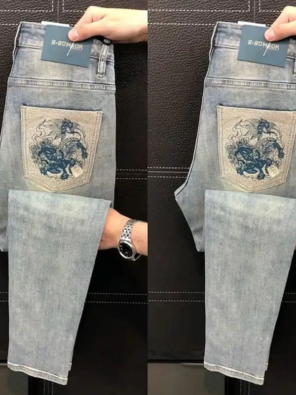 

Men's Slim Fit Casual Jeans Spring New Sle European High End Elastic Cotton Stretch Youth Faion Embroidery Spring Season