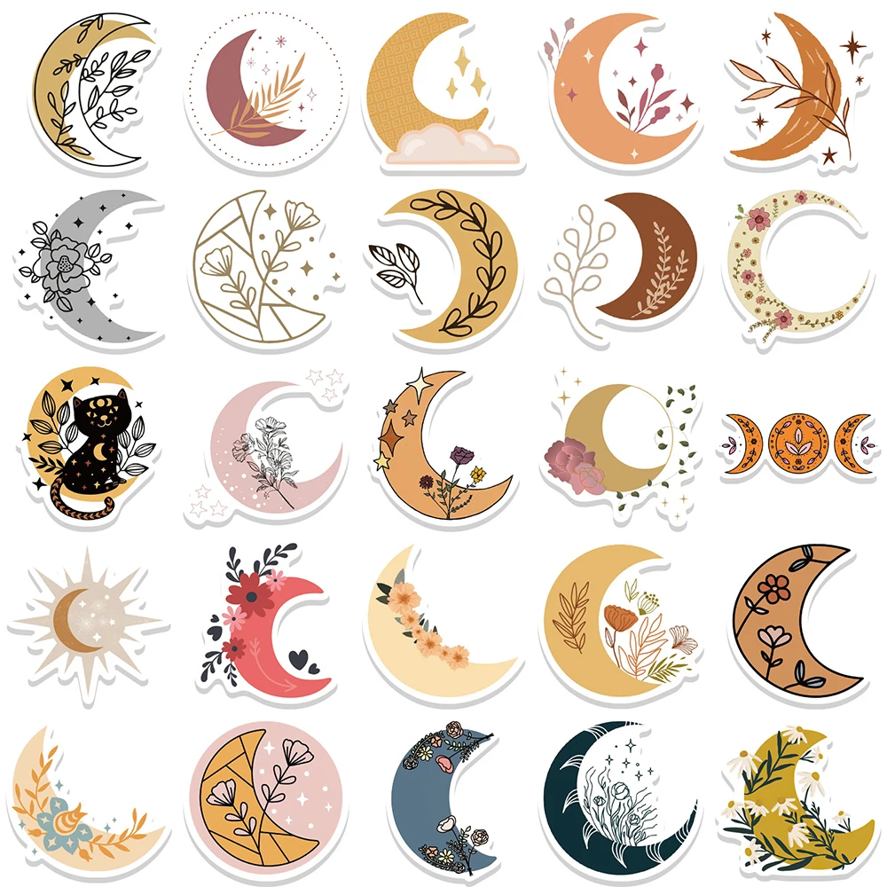 10/30/50PCS Cute Bohemian Moon Flowers Stickers DIY Car Bike Travel Luggage Phone Laptop Waterproof Cool Cartoon Sticker Decals