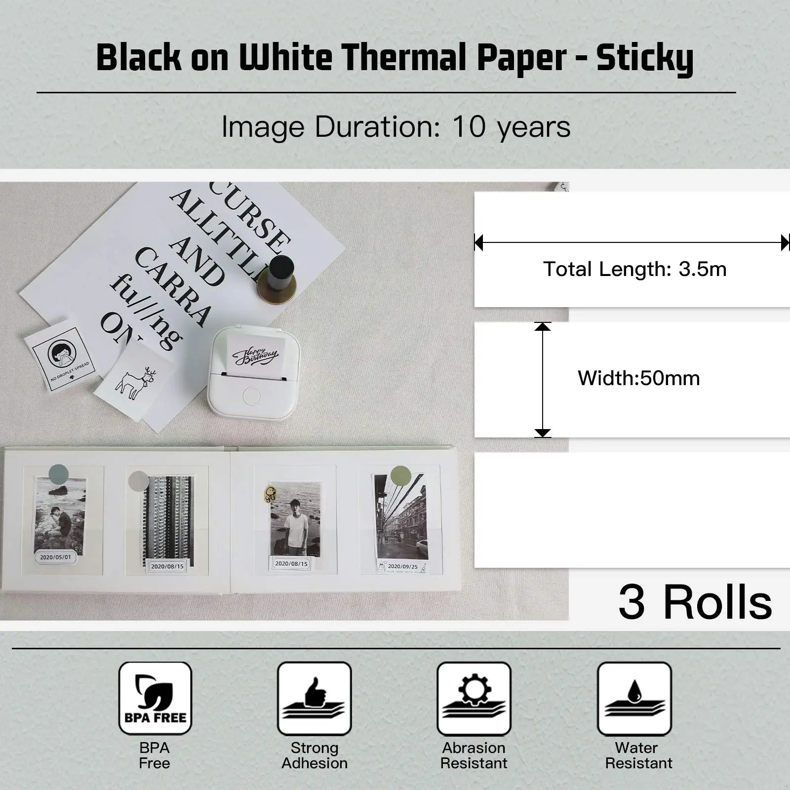 T02 Thermal Sticky Paper Black on White 10 Years Duration Works in Phomemo T02 for Journal Photo Texts Study Notes To do List