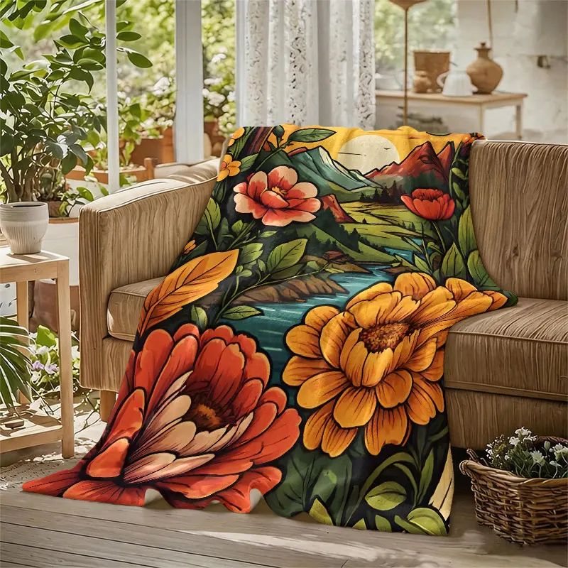 Floral Frame Mountain Sunset Flannel Blanket Perfect for Sofa Office Bed Travel Sleep Read Relax Camping Four Season Use