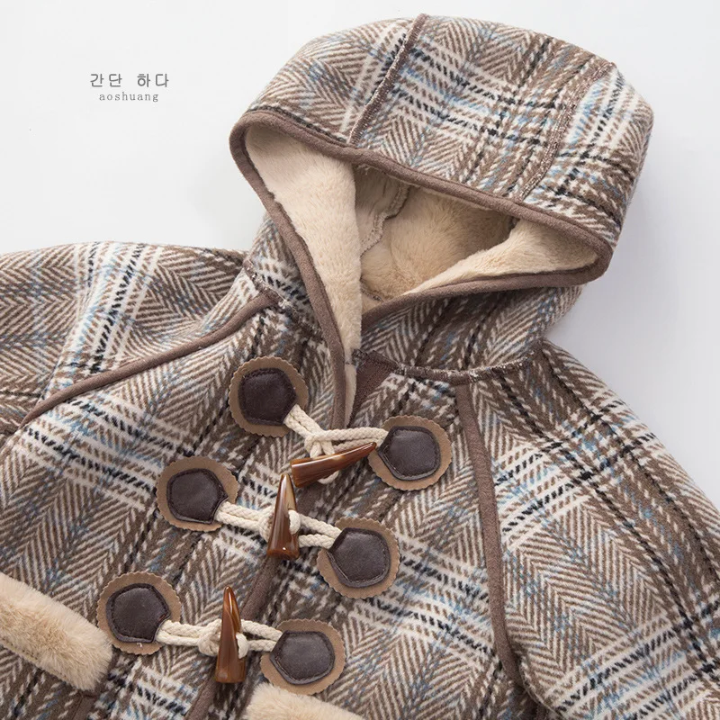 Autumn Winter Hooded Plaid Jacket for Girls 3 To 6 10 12 Years Kids Outerwear Thicken Warm Faux Fur Jackets Wool Coats Children