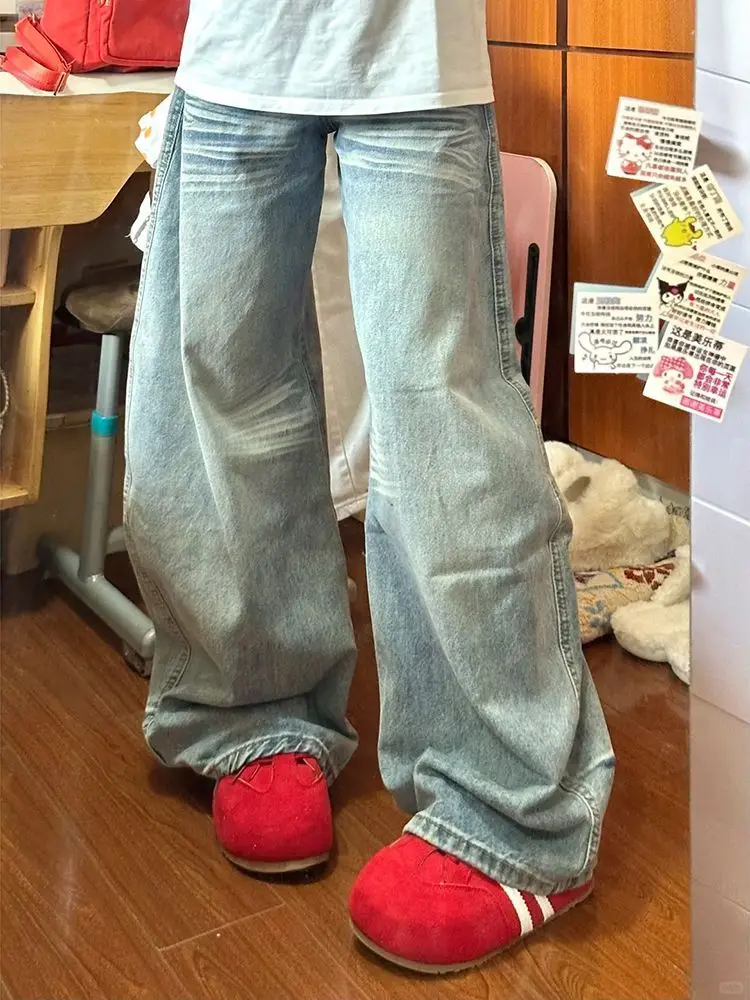HOUZHOU Niebieskie Jeansy Damskie Y2k z Haftem, Prane, Niski Stan, Szerokie Nogawki, Amerykański Styl Vintage, Luźne Spodnie Denimowe, Spodnie Uliczne Harajuku