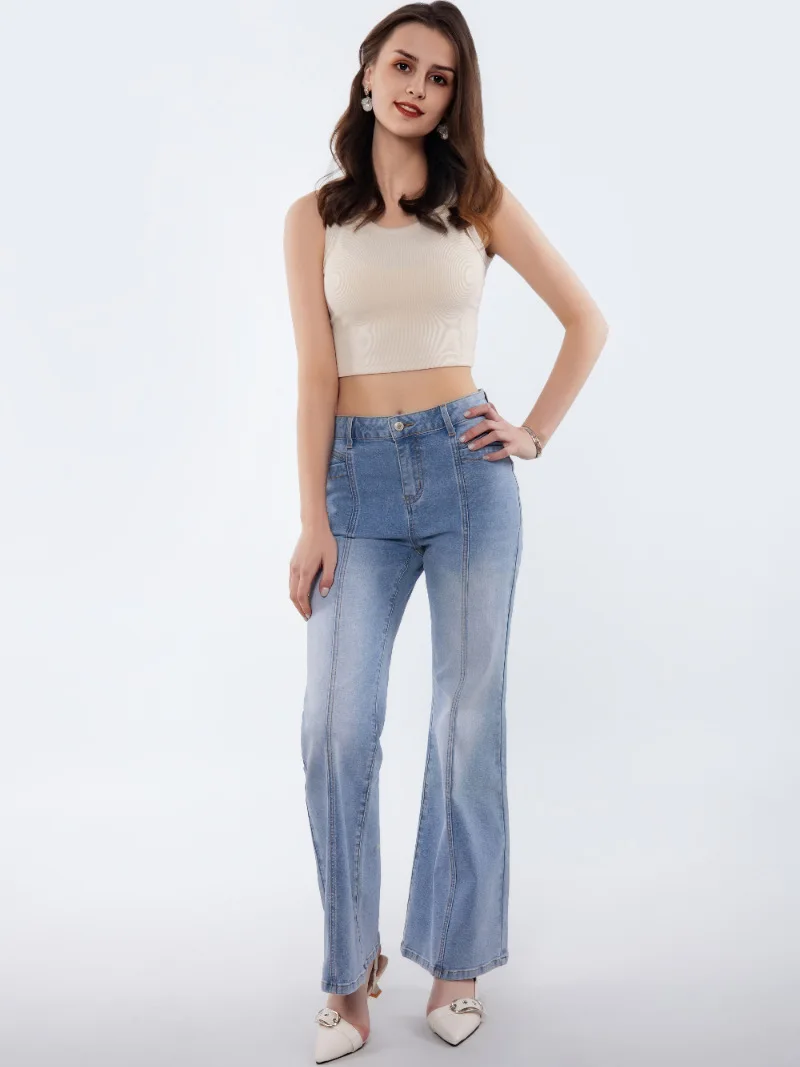 Damskie jeansy retro, proste spodnie, codzienne spodnie z szerokimi nogawkami, średni stan, wyszczuplające, modne.