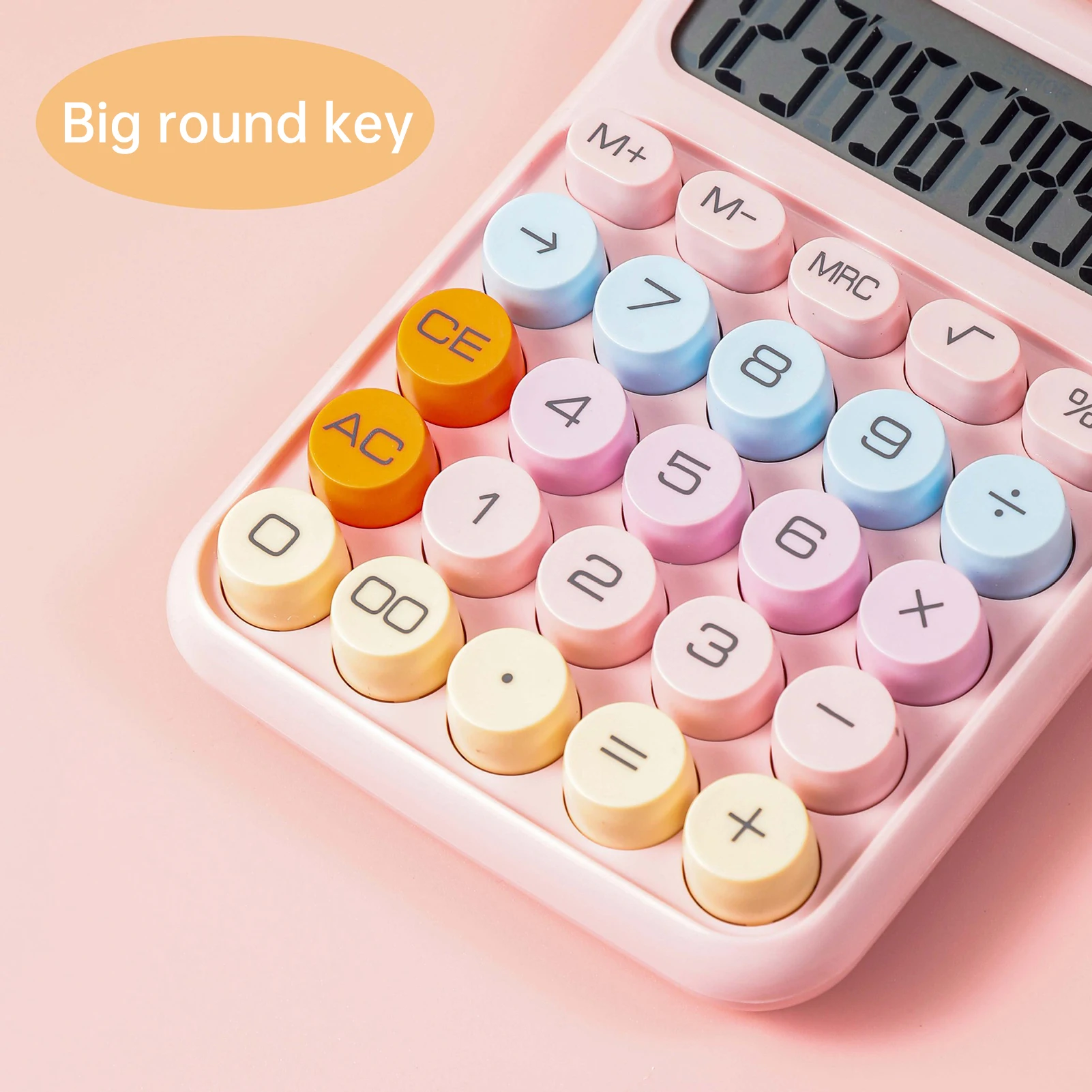 Mechanical Calculator 12 Digit Large LCD Display Big Round Button Cute Candy Colored Calculator Suitable for Office School Home