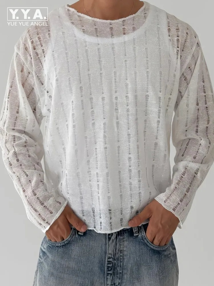 Leisure Male Long Sleeves Hollow-Out T-Shirt Breathable Mens Fashion Striped Tops Solid Color Men Round Neck Loose Pullover