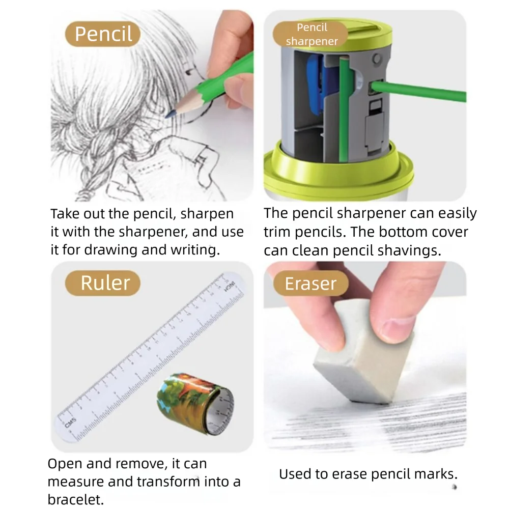 7 in 1 子供用文房具セット ポータブル ファン付き 子供用クリエイティブ文房具 カップ消しゴム 鉛筆削り