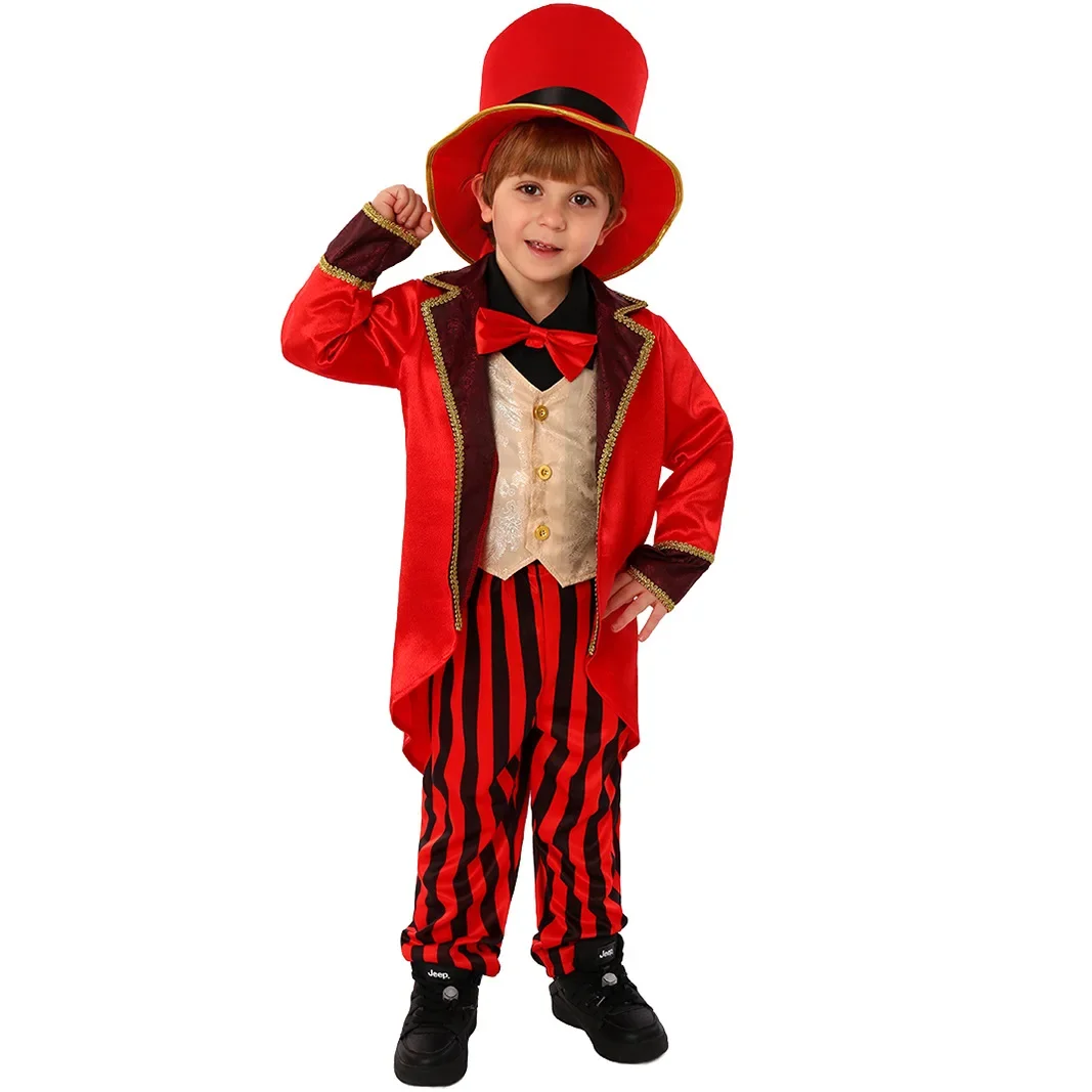 Animal Trainer Cosplay Red Suit Performance Costume with Hat for Kid Boy Halloween Professional Role Playing Circus