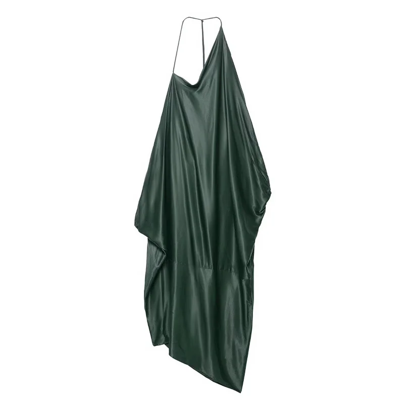 Women's Dark Green Asymmetrical Sleeveless Long Dress Summer Sexy Backless Fashion Slanted Collar Female Decorative Clothing