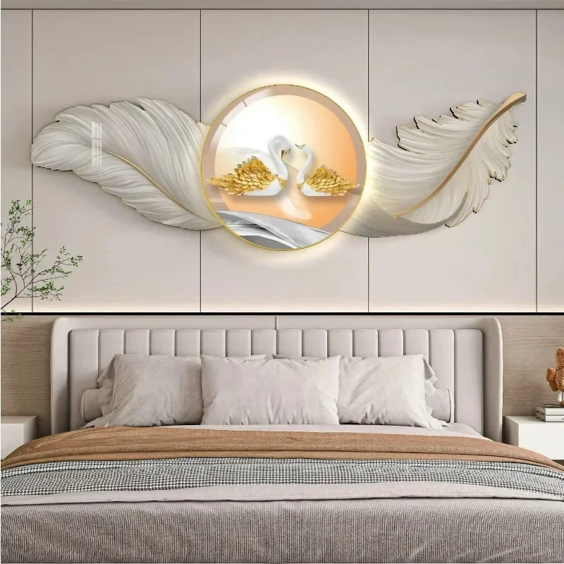 Pintura decorativa de plumas de lujo ligera de alta gama, dormitorio principal, fondo de sala opuesta, pintura de pared, mural simple moderno