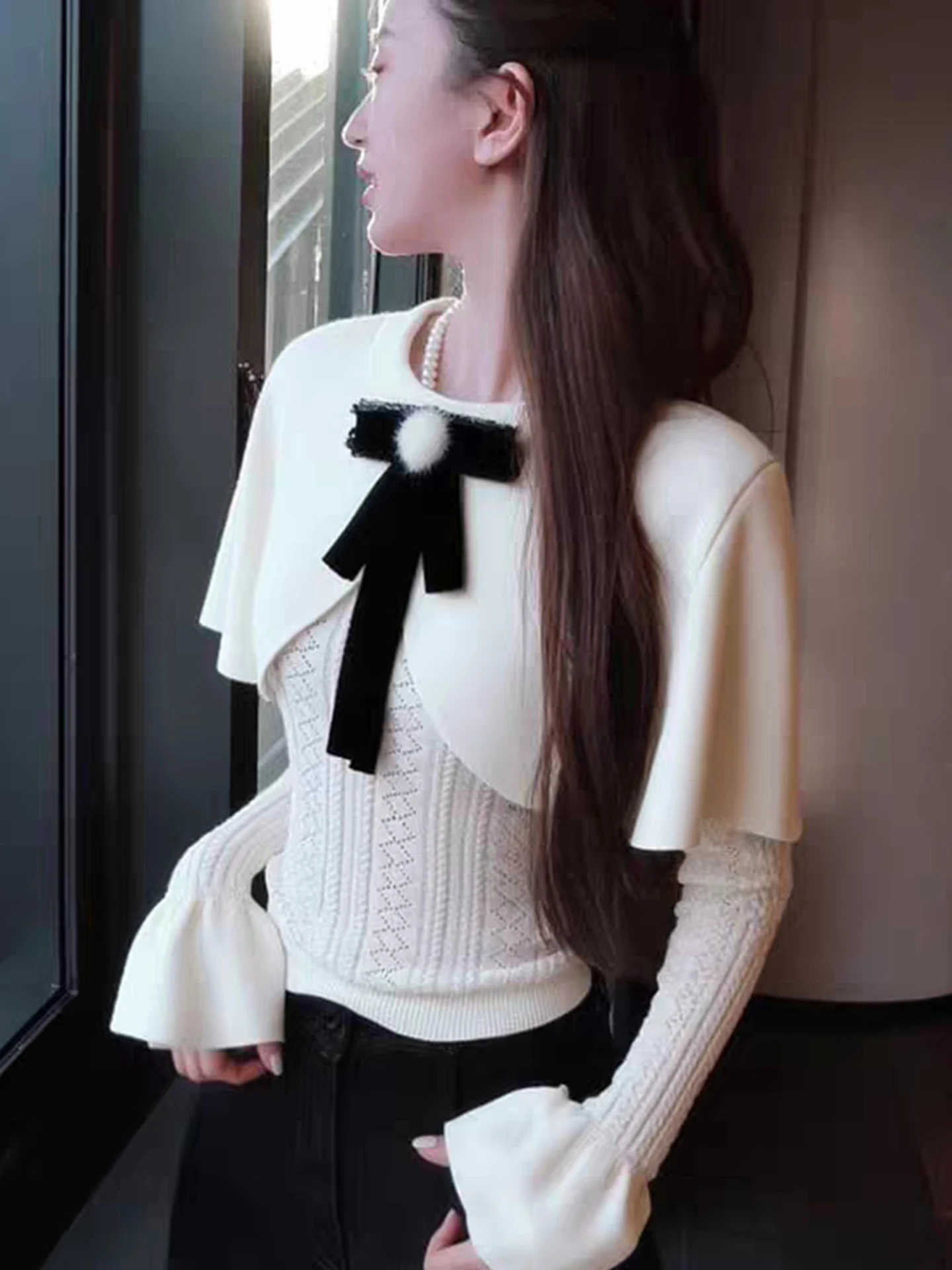 

Ele Long Sve Knitted awl Faionable Slimming Top Versatile Korean Sle Commute Knot Design Winter Wool B...