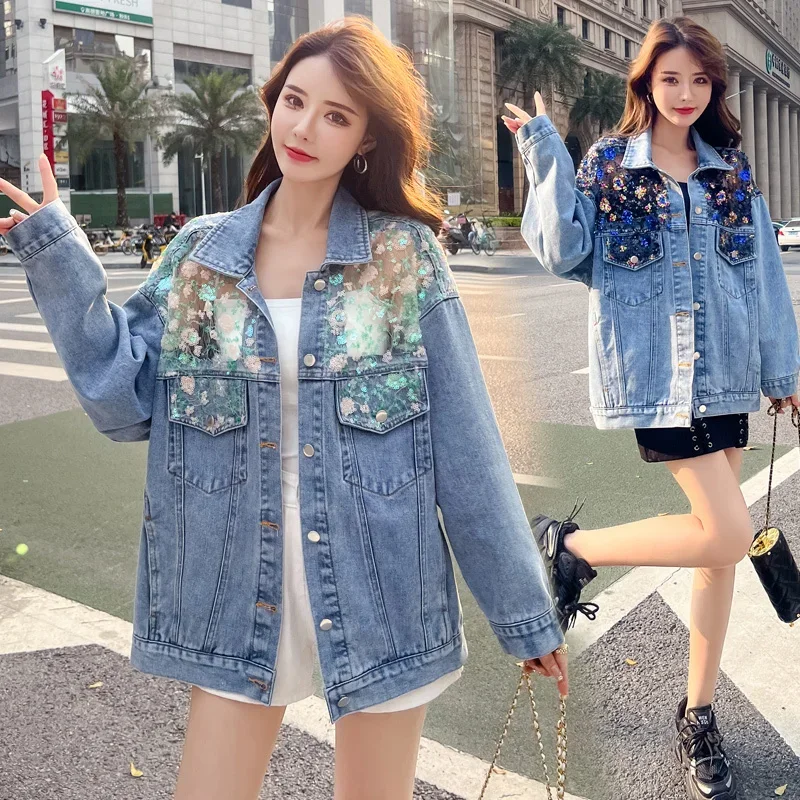 Spring Women Frayed Hollow Sequin Flower Net Gauze Splicing Denim Jacket Lapel Long Sleeve Jeans Jacket Coat Harajuku Streetwear