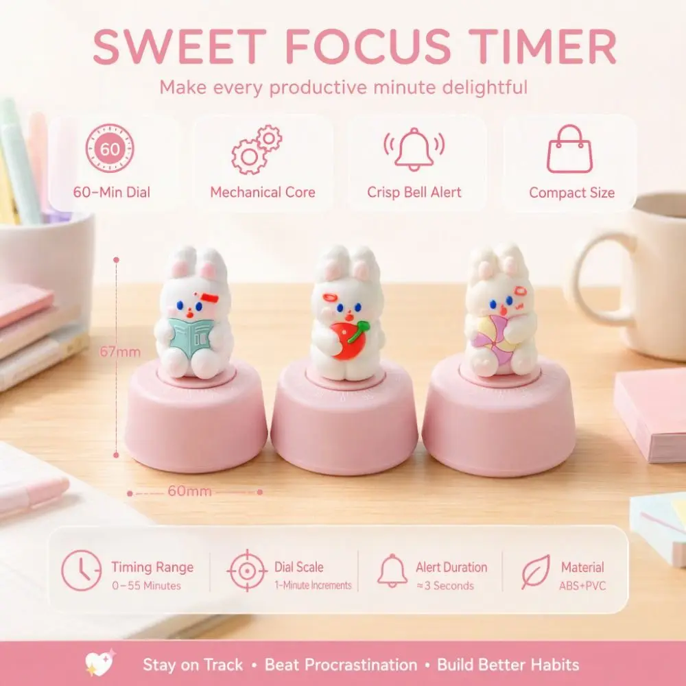 Cute Mechanical Kitchen Timer Practical Management Timer Rabbit Timer 60 Minute Battery Free Cooking Timer Reminder Tool