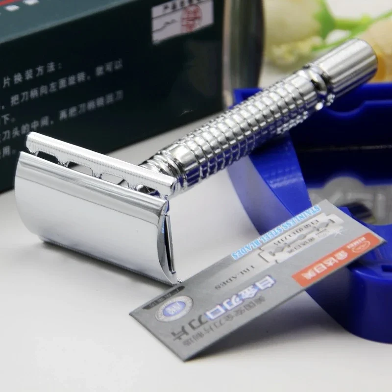 Men Shaving Razor with Blade, Silver Folding Shaving Knife, Stainless Steel Straight Razor Holder, Barber Tools for Facial Hair