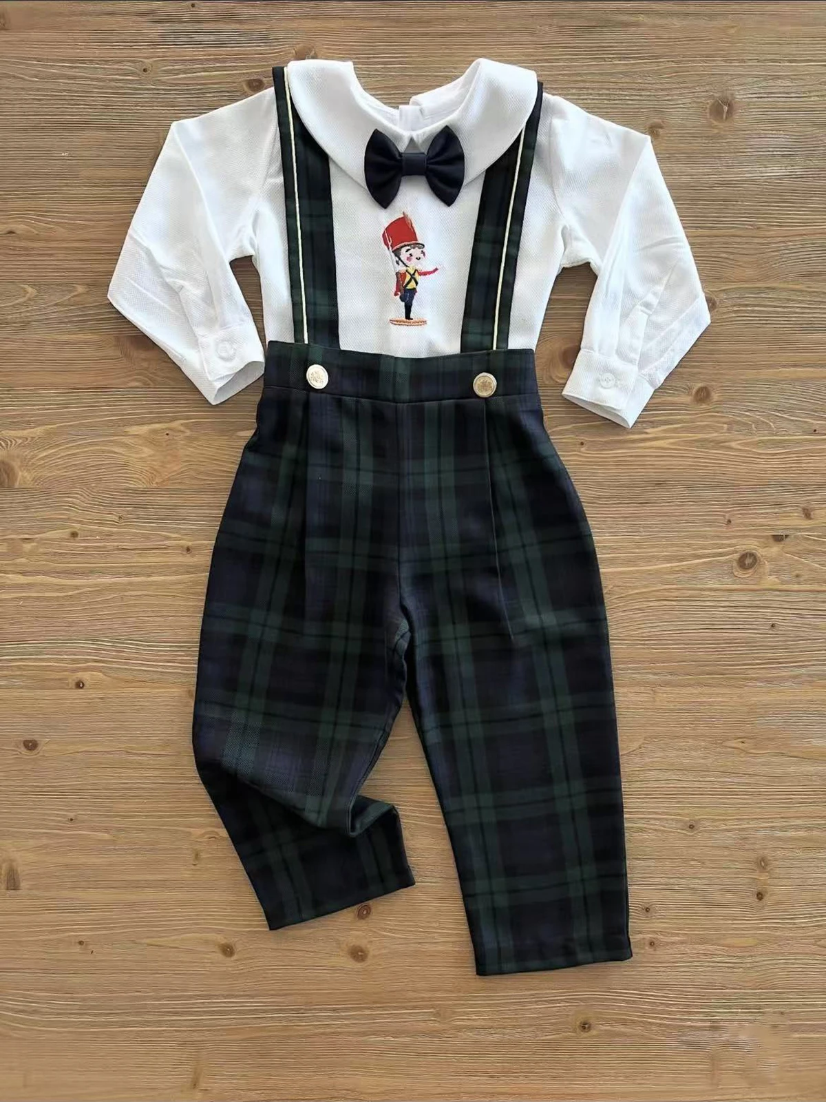 

0-6Y Baby Boy Set Autumn Winter Soldier Embroidery White Shirt Green Plaid Trousers for Party Birthday Christmas C341