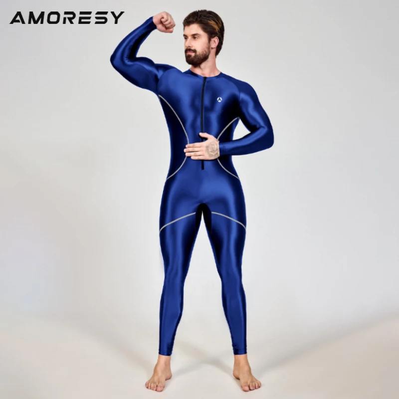 AMORESY Men Smooth Glossy Yoga Running Rompers One Piece Jumpsuits Front Zipper Fitness Tracksuits Full-Length Sports Bodysuits