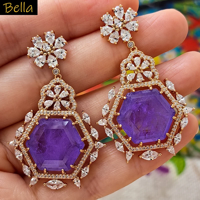 

colored gemstone tourmaline earrings Purple Green geometric hexagon pendant earrings women Evening Party luxury Jewelry