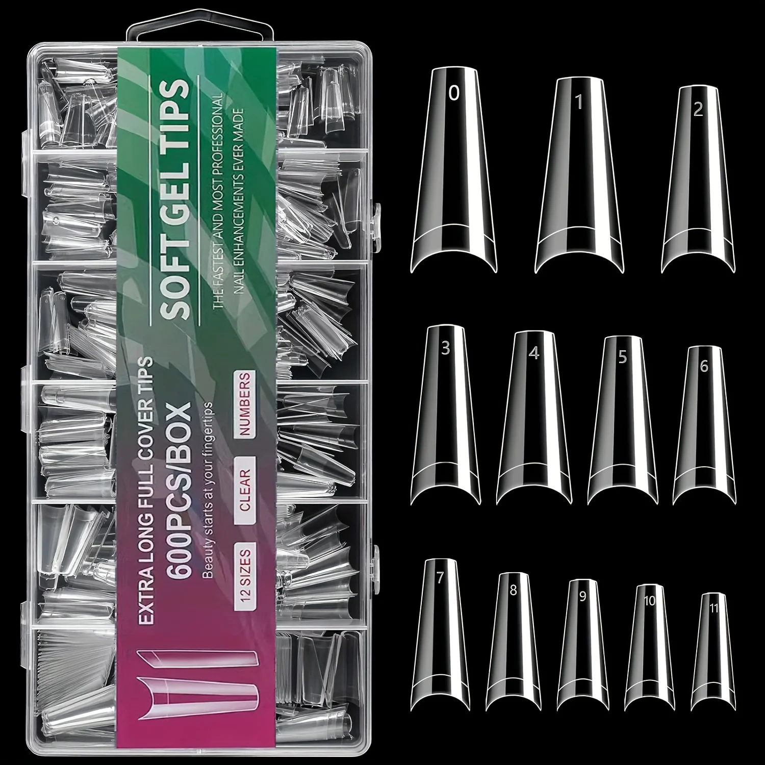 600Pcs Clear Coffin Nail Tips 12 Sizes Clear Ballerina Nail Tips Half Cover Acrylic False Nail Tips With Box For Nail Salons