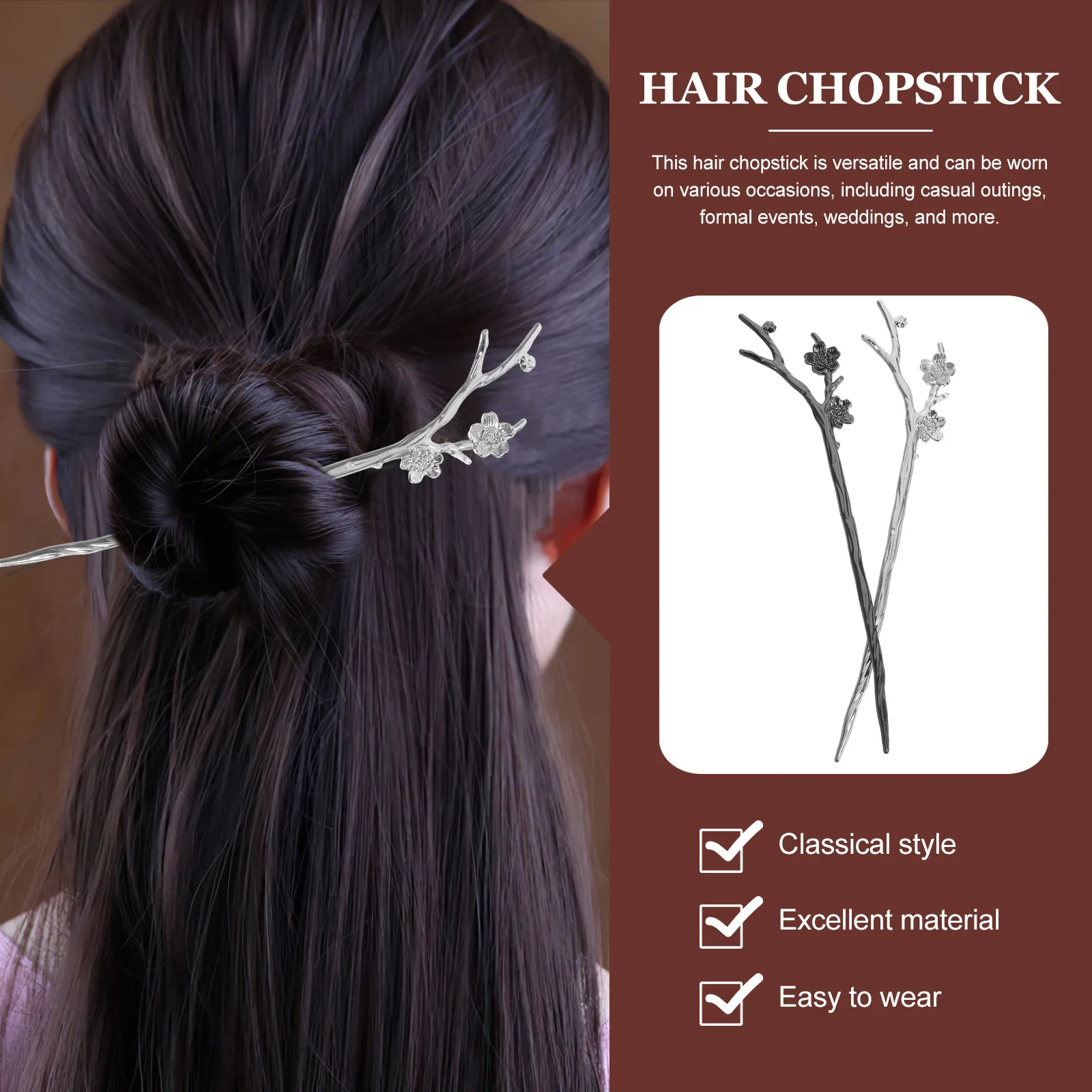 

2Pcs Hair Chopsticks Stylish Flower Pattern Lightweight for Casual Formal Events Updo Hair Accessories Women Teen Girls