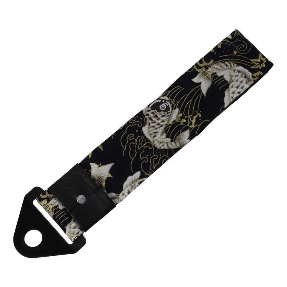 Black Ancient Japanese Antiquity Element Tow Strap with Combination of Koi Traction Rope Car Front Bumper Tow Strap