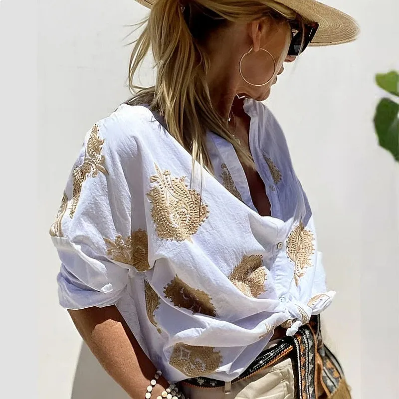 Women's Printed Shirt Blouse Long Sleeve Button Down Graphic Tops Spring Summer