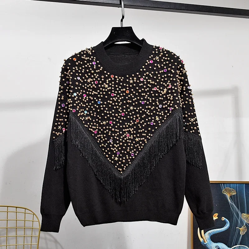 

Spring Black Beading Tassel Knitted Tracksuit Women Outfits Fashion Pullover Sweater Long Pants 2pc Loose Casual Knit Set Female